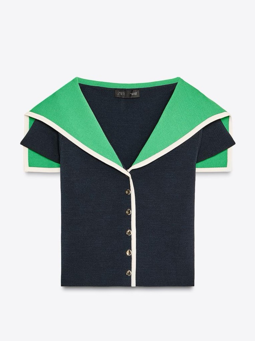 Zara Navy Knit Top with Green Sailor Collar and Ivory Trim
